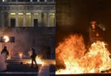 Χάος έξω από τη Βουλή -Στις φλόγες το φυλάκιο του Αγνωστου Στρατιώτη