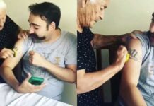 Μητέρα προσπαθεί να καθαρίσει με σφουγγάρι το τατουάζ του γιου της