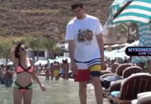 Μύκονος: Ένας γίγαντας στην Ψαρρού – Μπροστά του η γυναίκα του φαίνεται νάνος – video