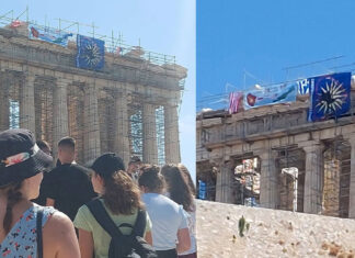 Άνδρας σκαρφάλωσε ψηλά και κρέμασε σημαίες στον Παρθενώνα
